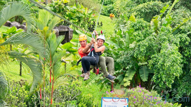 Lady Riding The Cable With A Guide Above The Resort Los Canones Canopy Tour La Fortuna
 - Costa Rica